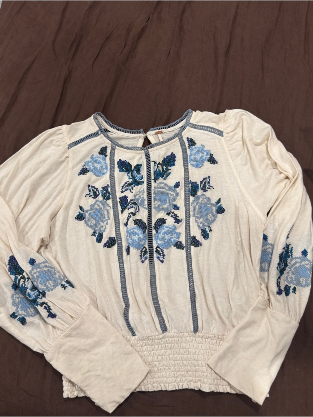 Free People Felicity Embroidered Smocked Waist Peasant Blouse - Picture 2 of 7